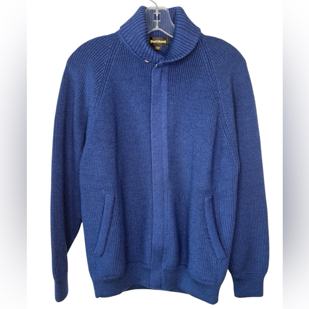 Paul Stuart Italian Merino Wool Ribbed Full-Zip Cardigan Blue Sz Small